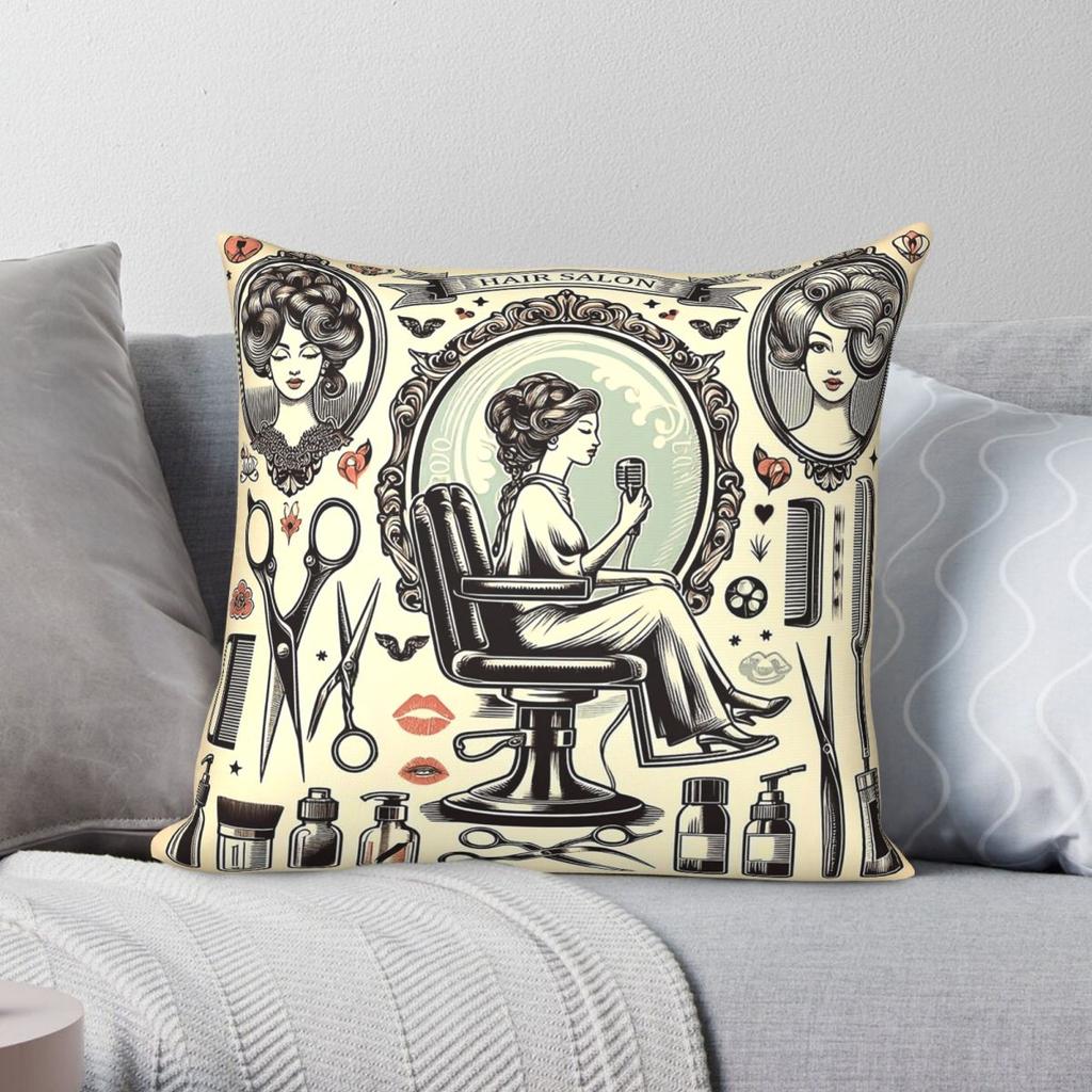 Vintage Hair Salon Square Pillowcase Polyester Linen Velvet Pattern Zip Decorative Sofa Seater Cushion Cover x