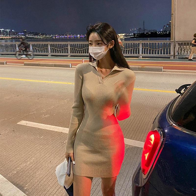 Autumn New Polo Collar Long Sleeve Women Knitted Dress Vintage Elegant Slim Fit Winter Base Sweater Dresses Women Casual High Waist Black Dress 25967