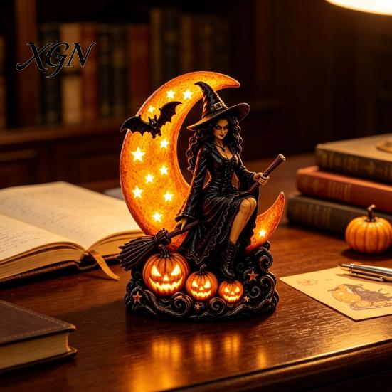 Dark Aesthetic Room Decor Halloween Witch on Crescent Moon Decorative Light, Gothic Detailed Fantasy Figurines Lamp, Resin Figurine for Home Tabletop