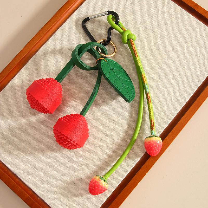 Cherry Strawberry Keychains For Purse Handbags Bag Charms Leather Green Leaf And Red Cherry Bag Charm Cute Fruit Keychain