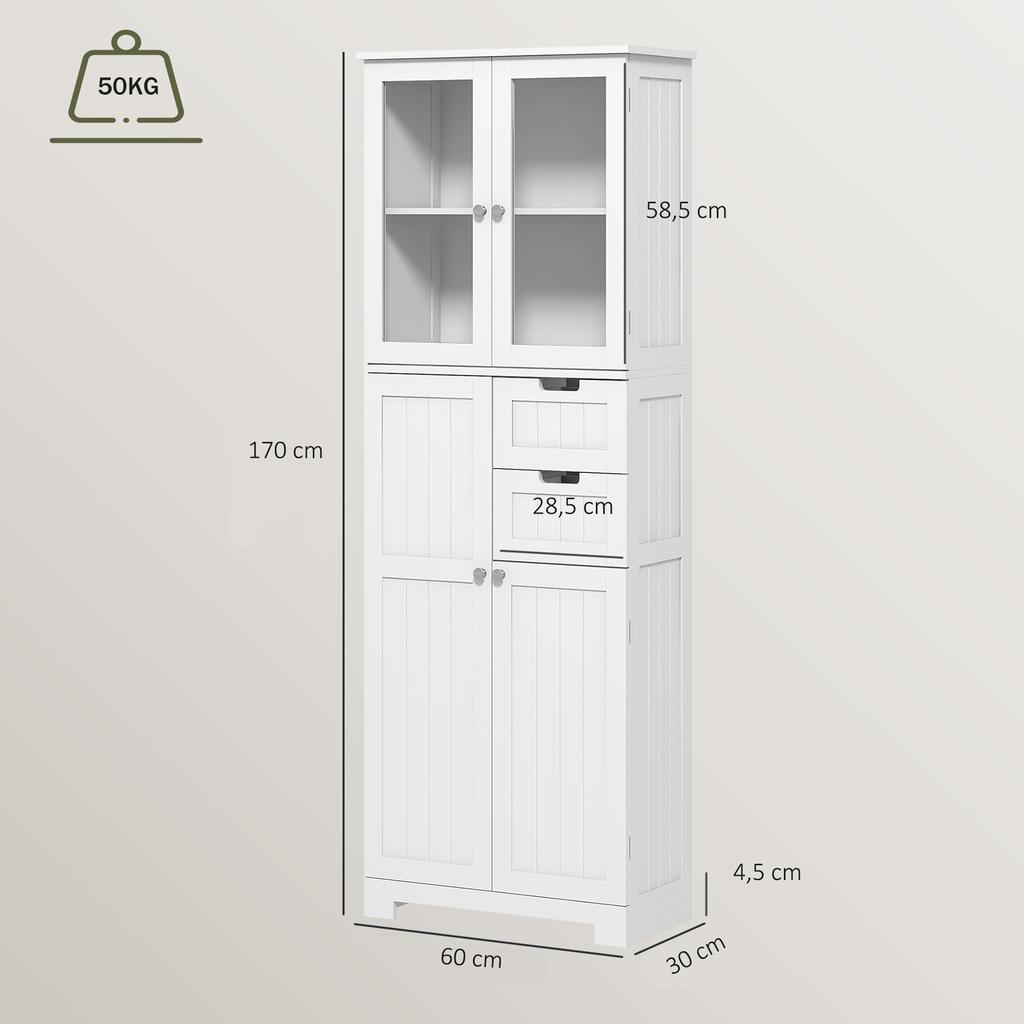 Tall bathroom cabinet 4 Doors 2 Drawers 60x30x170cm White