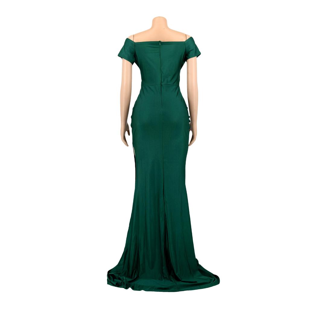 AL243 European and American Women's Sexy V-neck Evening Dress - High Slit, Solid Color, Short Sleeve for Spring/Summer