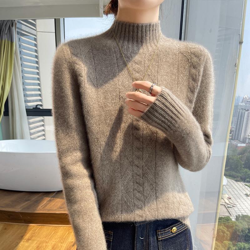 

Осень и зима новый однотонный темпераментный твист полувысокий воротник утолщенный свободный и тонкий мягкий восковой свитер топ с длинным рукавом женский XXL