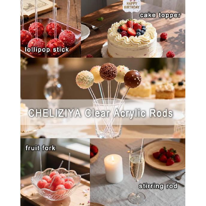 100Pcs Acrylic Cake Pops Sticks, Clear Round Plastic Strip, Acrylic Cake Topper Sticks, Reble Cocktail Stirrer for Party, DIY Crafts, Decorations