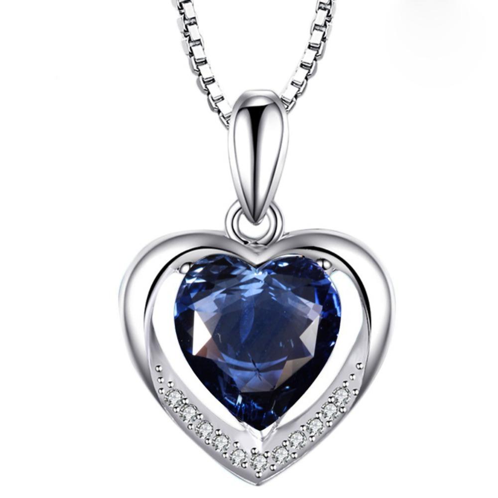 Blue Crystal Heart Pendant Necklace Eternal Love Jewelry for Women
