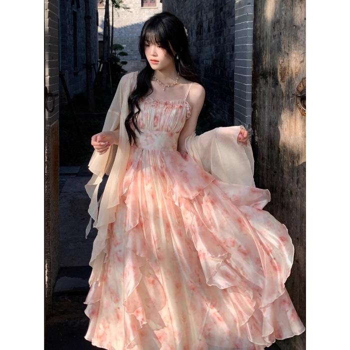 

Summer new Eden oil painting smudge printing waist ruffle edge suspender skirt Korean version temperament dress XL