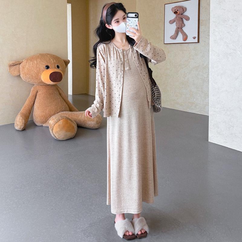 2026 Spring Plus Size Maternity Camisole Dress & Floral Cardigan Set, Retro Korean Style Large