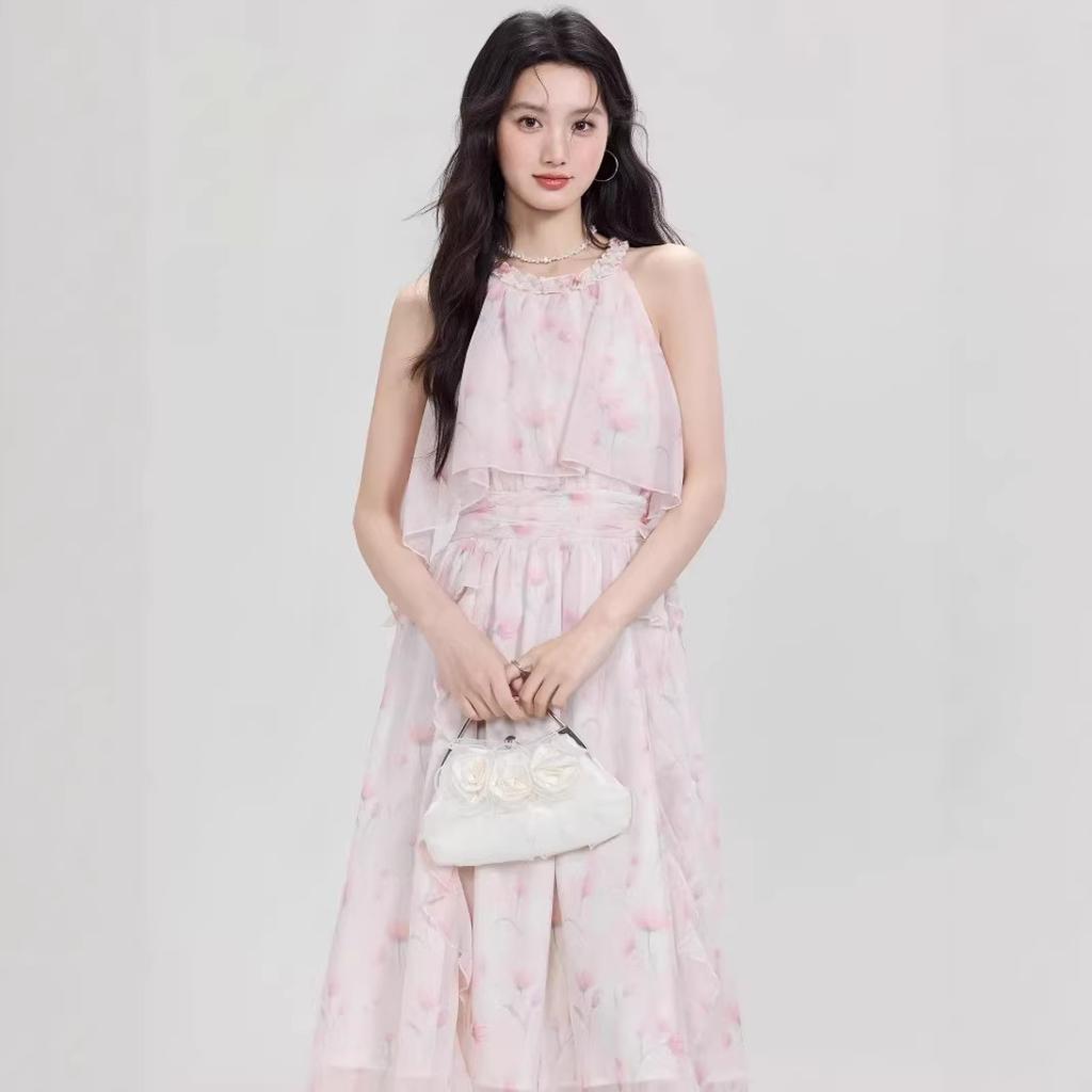 Pink French gentle fairy air smudge dress summer women's new holiday style neck slim floral dress