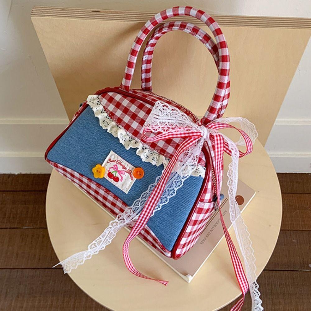 Leisure Lattice Bowling Bag Rural Style Sweet Crossbody Bag Portable Denim Plaid Handbag  Travel