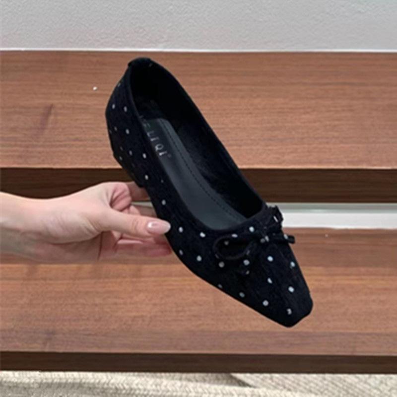 Autumn New French Polka Dot Bow Ballet Soft Sole Versatile Square Head Light Mouth Wedge Heel Lazy Single Shoes