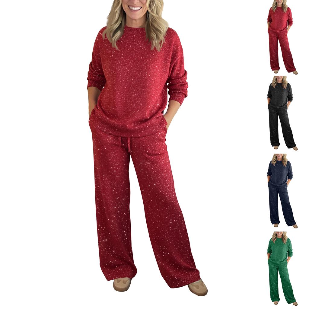 Women's Solid Color Casual Holiday Glitter Sweatshirt Two-Piece Set