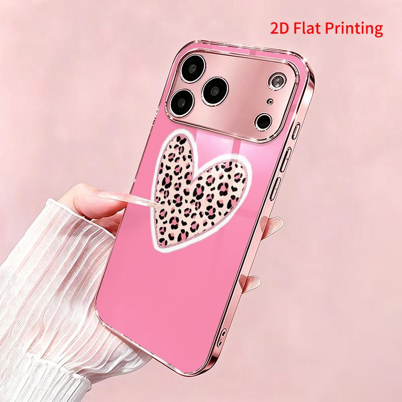 2DFlat electroplated tempered glass phone case,Heart Leopard Print Design,suitable for iPhone 18 Pro Max 17 16 15 14 13 12 11