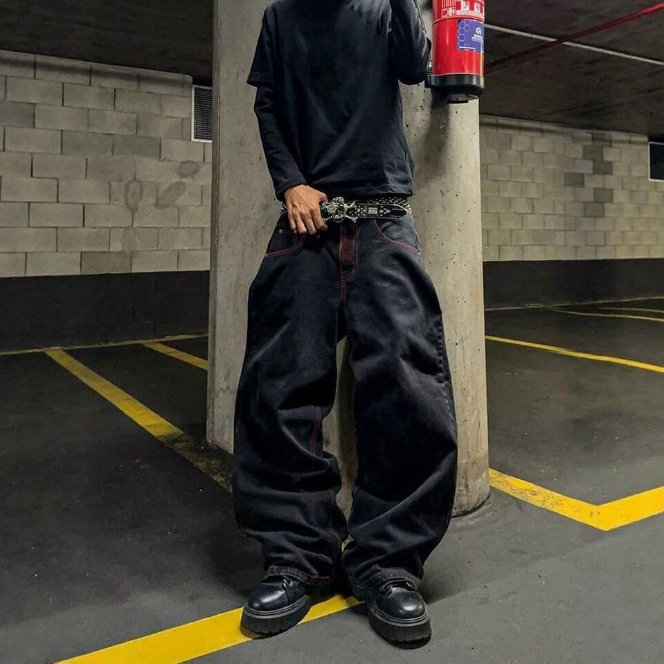 Explosive American high street tide brand full-embroidered casual pants men's loose straight casual jeans