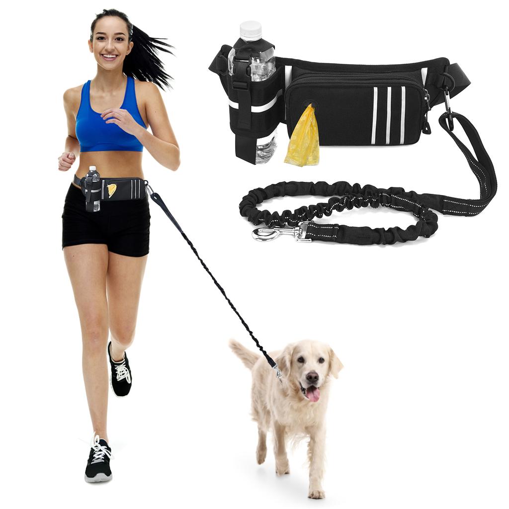 Hands Free Dog Leash Waist Bag Reflective Waist Pouch with Retractable Bungees Poop Bag Dispenser