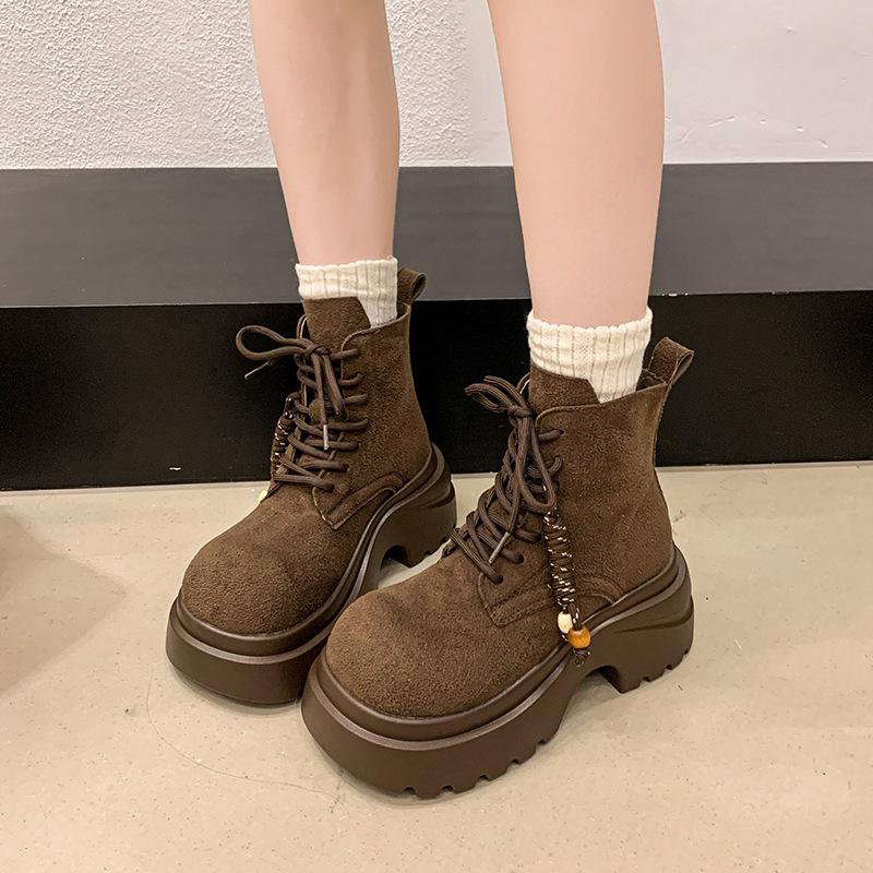 Thick-soled heightened and thin Martin boots women's shoes, new British style retro lace-up short boots in autumn and winter 2025
