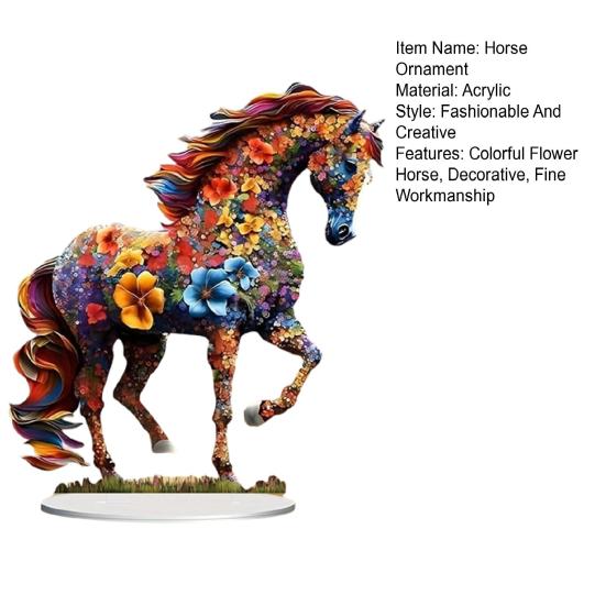 Colorful Flower Horse Acrylic Ornament with Base 2D Flat Horse Table Sign Holiday Party