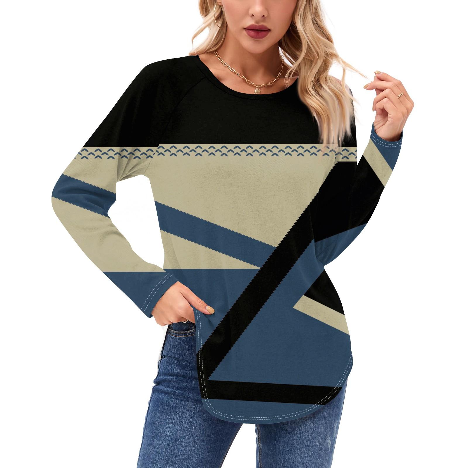 

Женские рубашки с длинным рукавом, повседневная мода, туника с геометрическим принтом, топы с круглым вырезом, базовая свободная футболка L темно-фиолетового