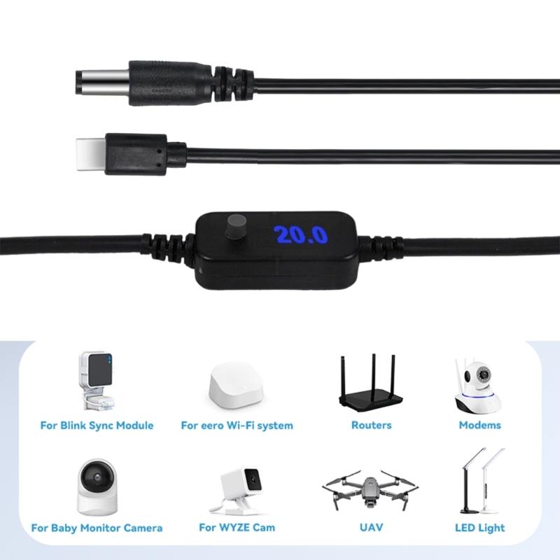 Type C To 5.5x2.5mm Charging Wire With Digital Display 5V 9V 12V 15V 20V Adjustable with 3.5mm Connector for Electronic