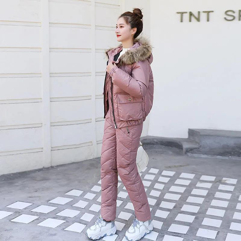 Women's Winter Solid-Color Minimalist Warm Set Thickened Hooded Coat with Large Fur Collar + Pants Two-Piece Set