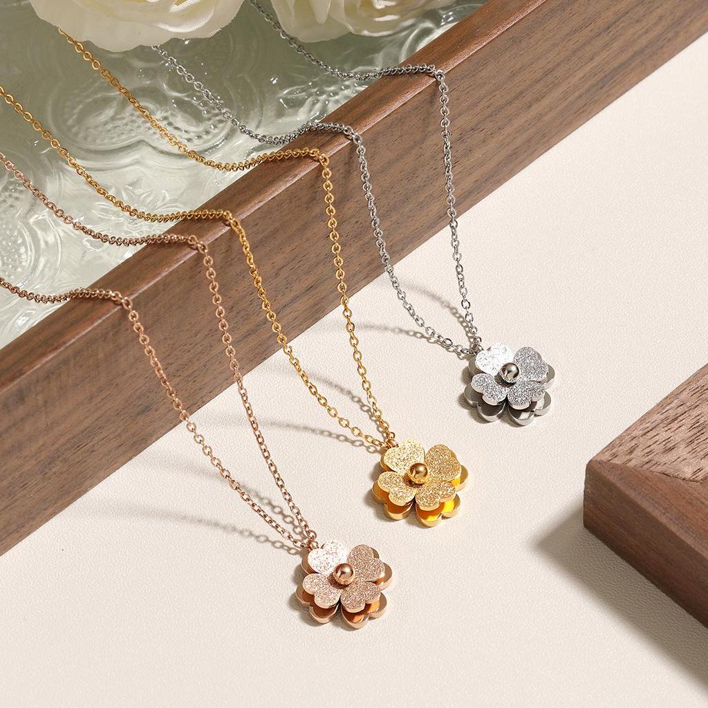 Minimalist Double-Layer Frosted Single-Bead Clover Flower Titanium Steel Necklace for Women