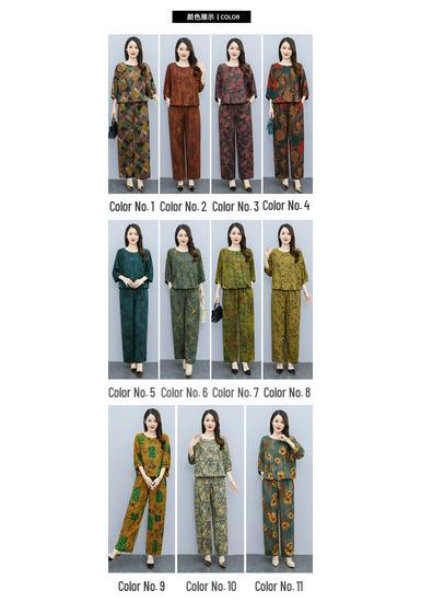 Retro Printed Wide-Leg Pants & Mid-Sleeve Round Neck Top - Elegant Two-Piece Set for Mothers