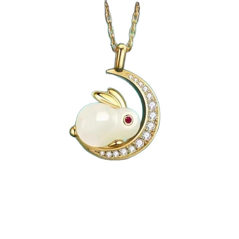 Moon Rabbit S925 Silver Jade Necklace - Elegant Clavicle Chain Gift for Women