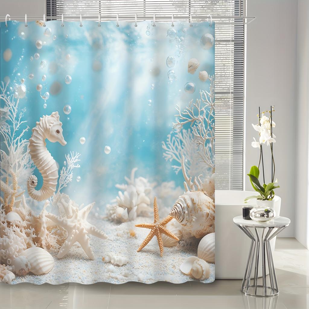 Seashells and Starfish Beach Scene Shower Curtain - Water-Resistant Fabric for Bathroom - Perfect for Coastal and Ocean Lovers
