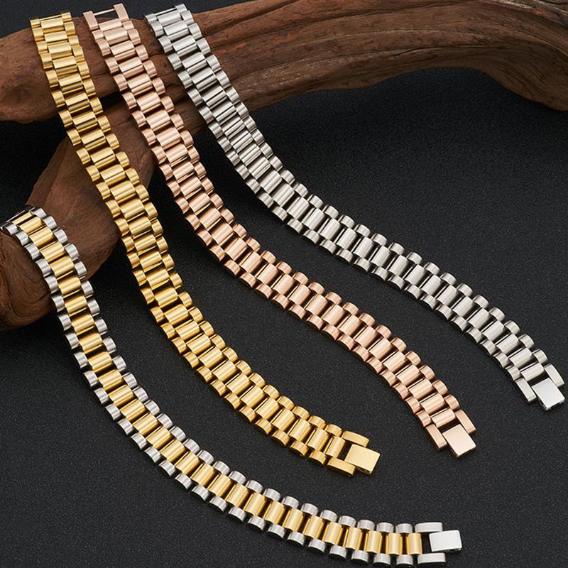 15MM Wide 8/8.86 Inches Long Watch Chain Wristband Men Bracelet for Men Black Gold Tone Stainless Steel Boys Jewellery
