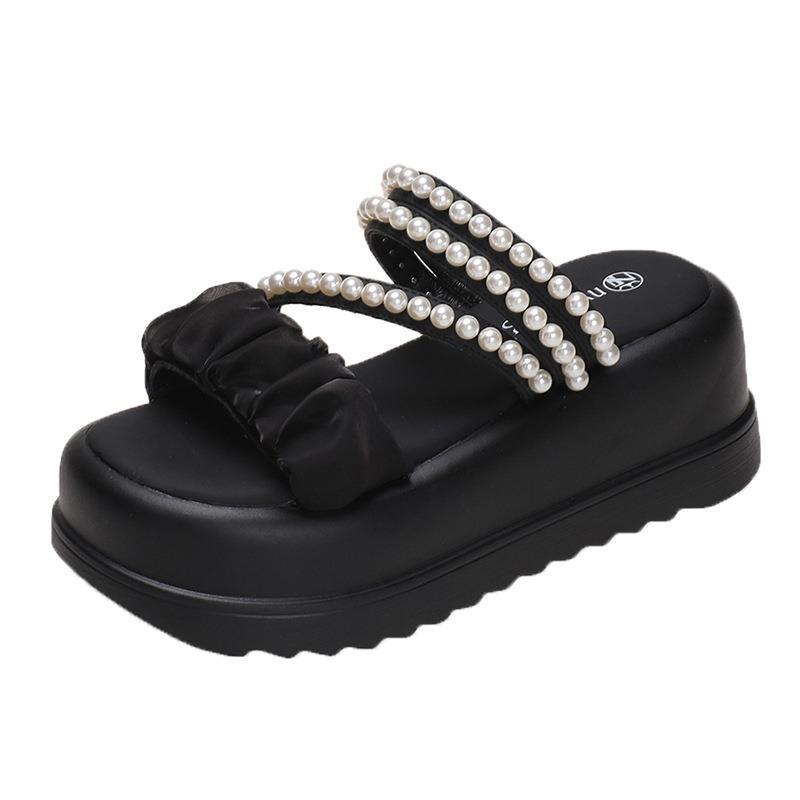 Summer New Fairy Style Platform Sandals Women French Two Wear Pearl Women's Shoes Low Top Platform Cool Slippers Women
