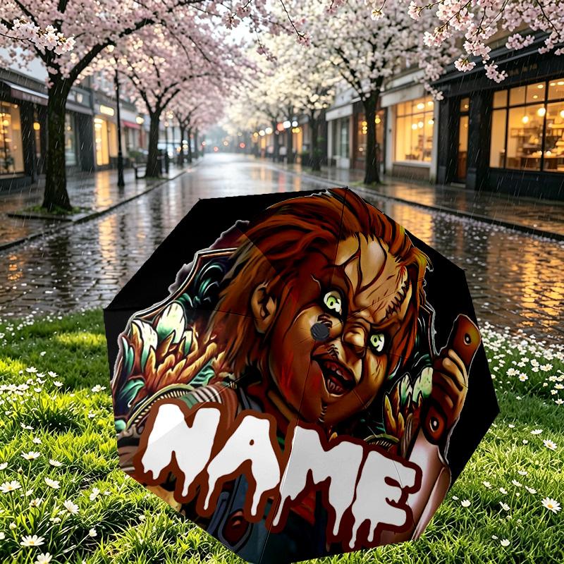 Custom Name Personalized Bride of Chucky Print Umbrella, Auto Open Close, 8‑Rib Sturdy Frame, Commute Camping Hiking Use, Birthday Gift