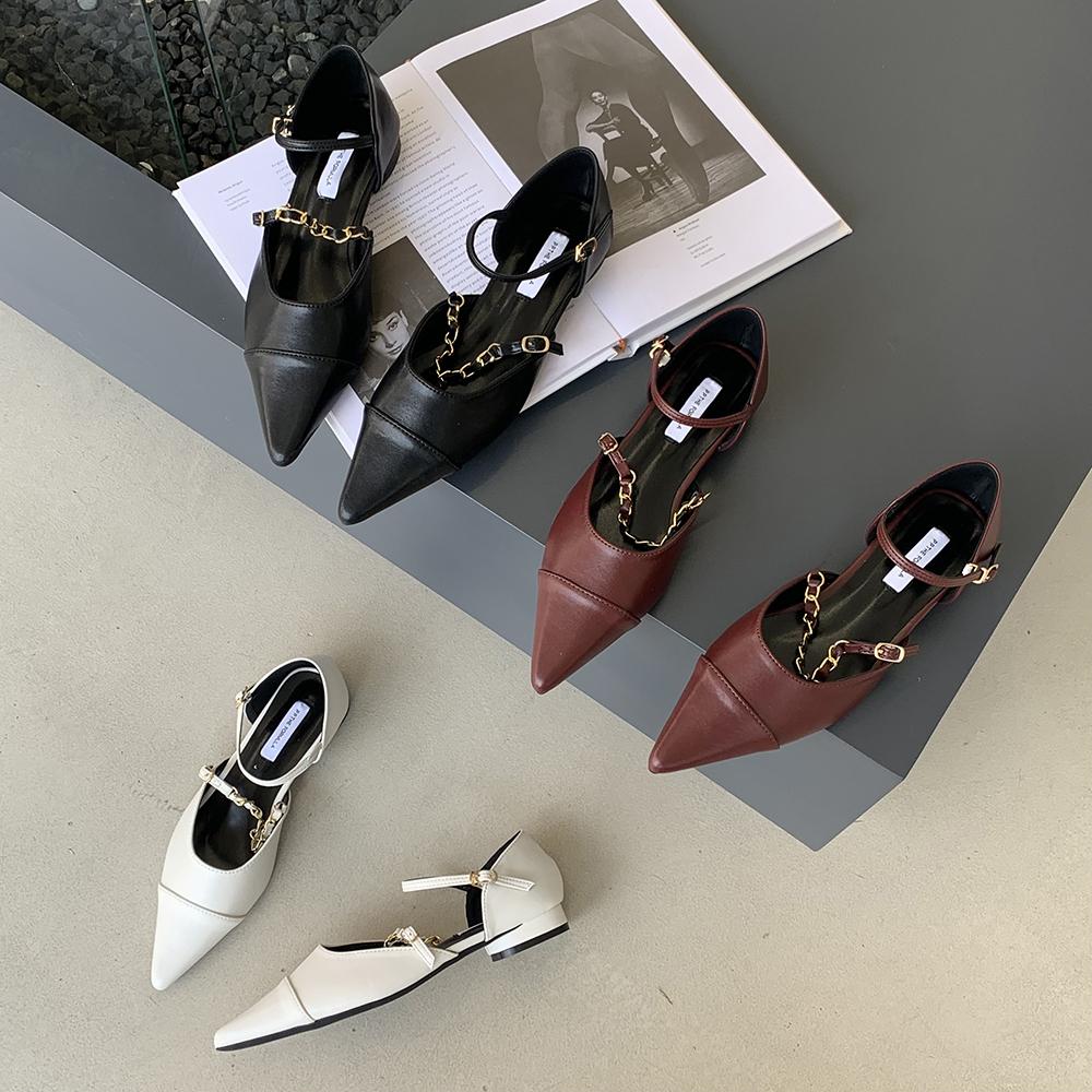 fashion Pointed Toe Women Flats Loafers Metal Chain Black Beige Wine red Dress Shoes Flat Low Heels Elegant Office Ballet Dance Mules