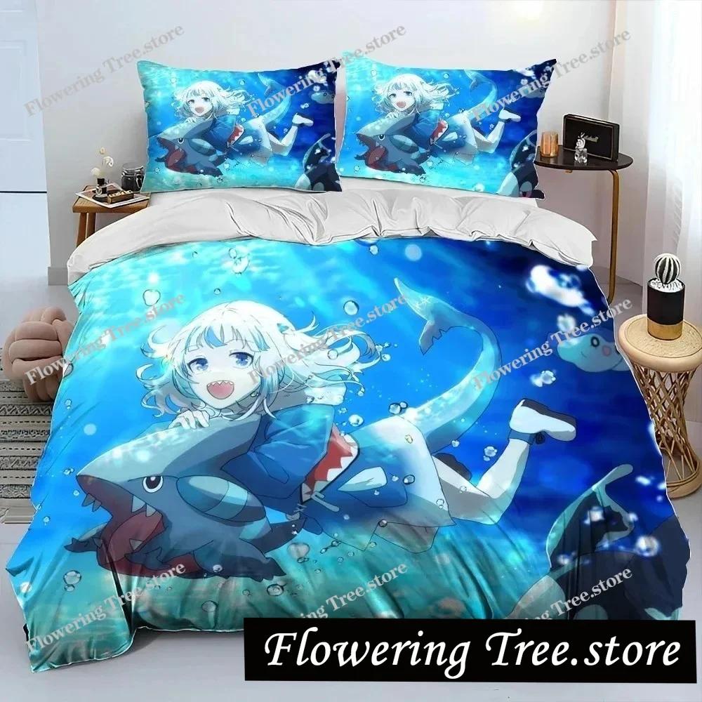 Cute Gawr Gura Hololive Anime Shark Comforter Bedding Set,Duvet Cover Bed Set Quilt Cover Pillowcase,king Queen Size Bedding New