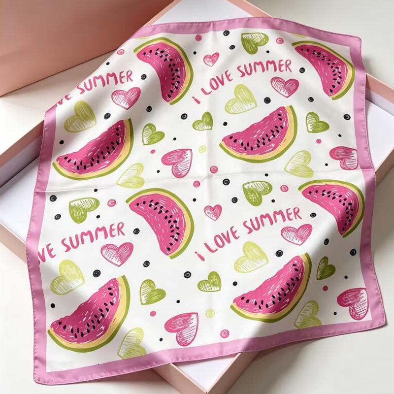 Cute Watermelon Fruit Print Square Scarf Satin Silk Lightweight Bandana for Women Beach Vacation Outfit Neck Hair Accessory