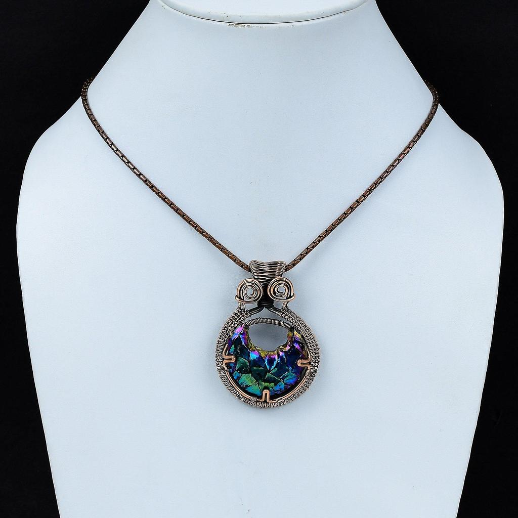 Titanium Druzy Gemstone Copper Wire Wrap Handmade Pendant Jewelry Gift For Love