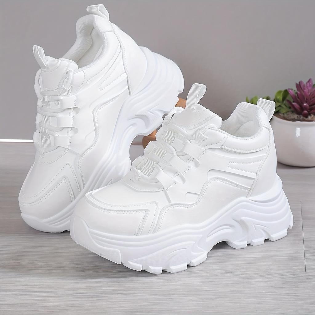 White Platform Women's Sneakers  Autumn Lace-Up Thick Bottom Sports Shoes Woman Pu Leather Breathable Walking Shoes Female