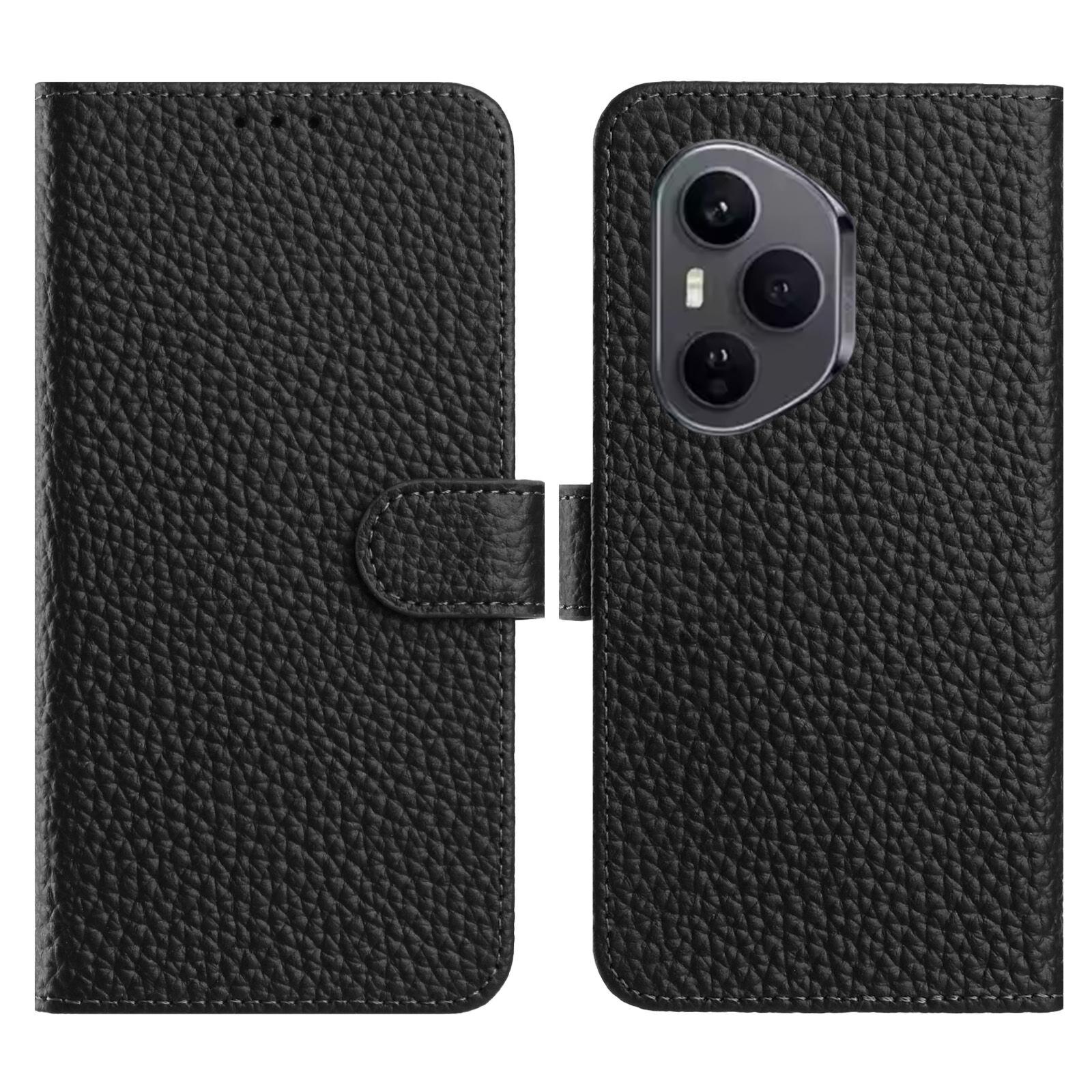 

Для Honor 400 Pro 5G (Глобальный) Чехол-кошелек-подставка с текстурой личи из натуральной коровьей кожи, откидная крышка для телефона Black