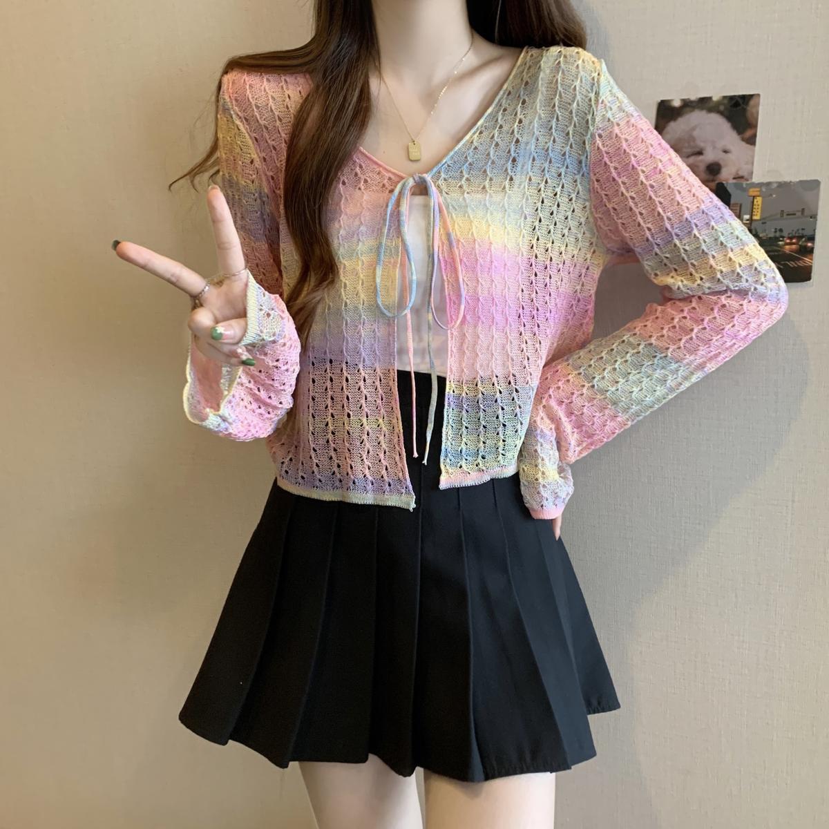 

Летняя радуга, ажурный вязаный кардиган из ледяного шелка, пальто, защита от солнца, верхняя одежда, короткий, милый, пикантный, дофаминовый топ One size