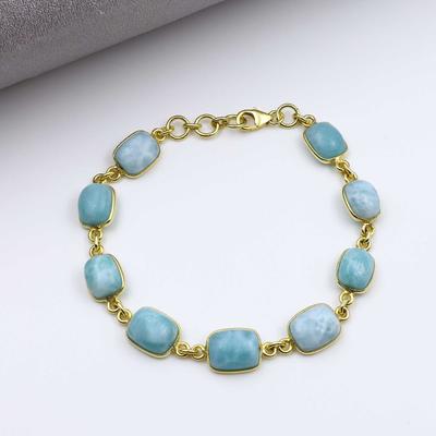 Natural Larimar Gemstone Yellow Gold Bracelet, 925 Sterling Silver, Birthstone Bracelet, Designer Bracelet, Wedding Gifts