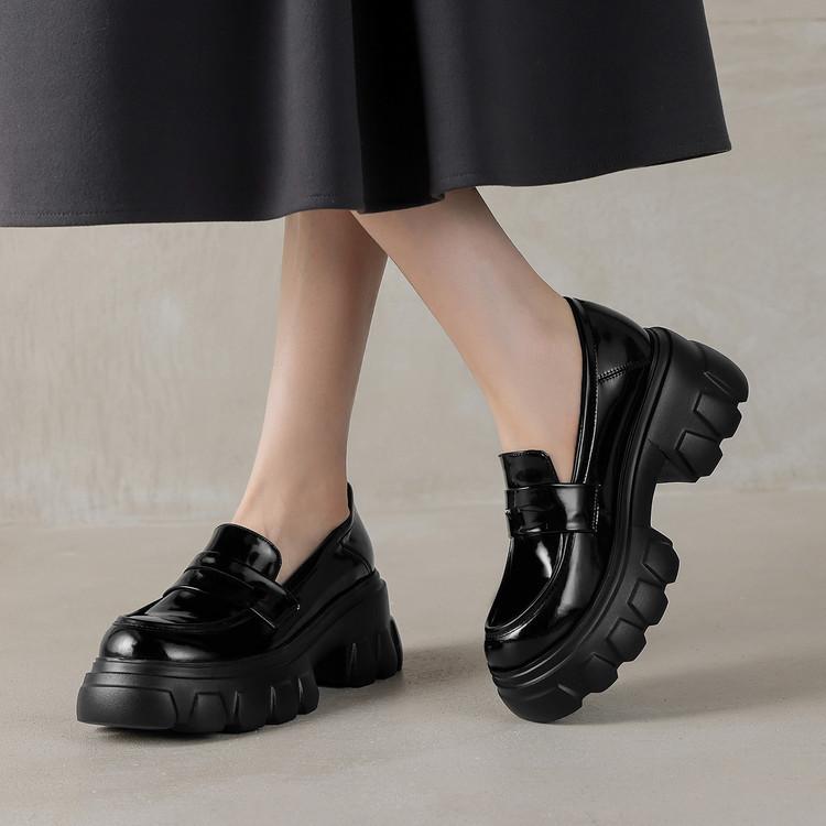 Handmade women's shoes leather high-heeled loafers platform-soled foreign style versatile Japanese round head heightening single shoes women's new m