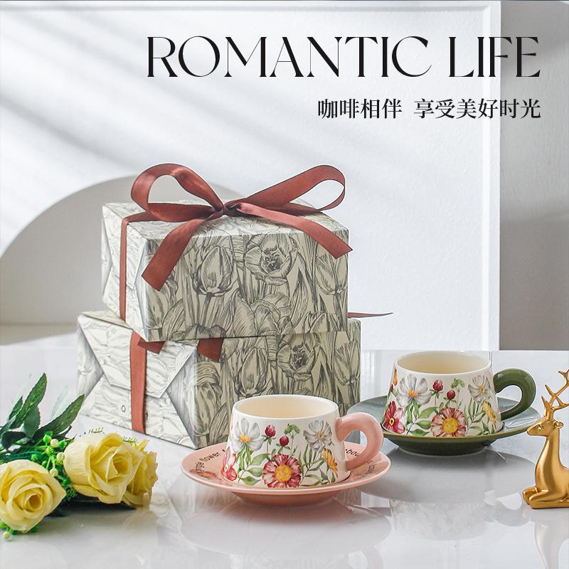 Flower Coffee Cup Saucer Set Ceramic Afternoon Teacup Souvenir Cup Gift Box High Value Birthday Gift