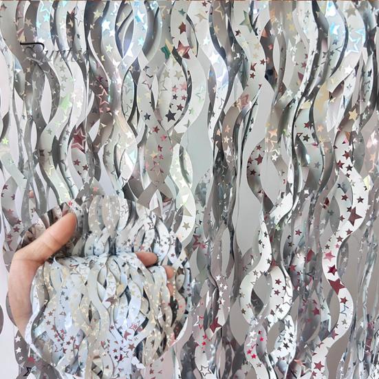 3Pcs Wavy Tinsel Foil Fringe Rain Curtain Star Print Wave Shape Rain Curtain Photo Booth Props Mermaid Birthday Party Decorations