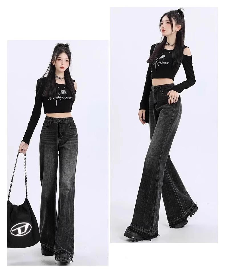 Plus Size Women's High Waist Straight Leg Jeans In Black/Grey: Loose Fit, Slimming, Raw Hem, Bootcut, Flared Long Pants.
