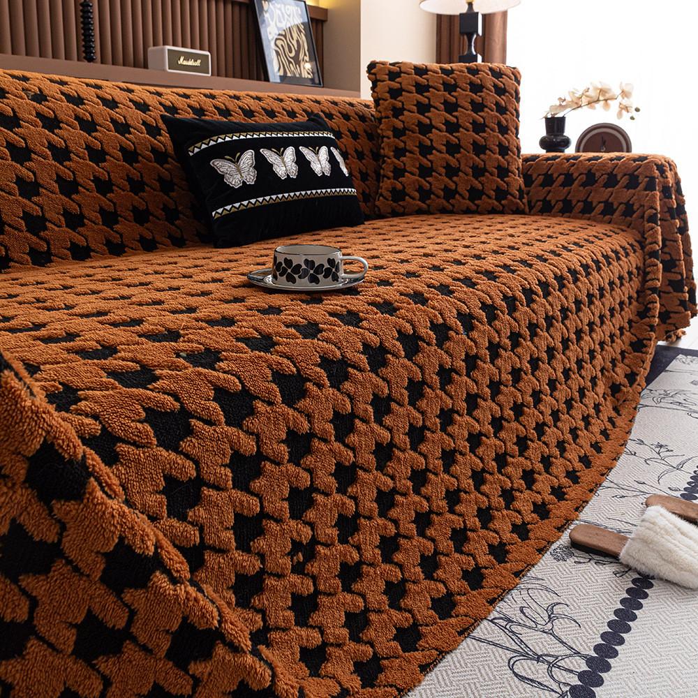 Thousand Bird Grid Plush Sofa Cover Thickened Warm Non-slip Couch Cushion Soft Plush Furniture Protector Pad Home Decoration