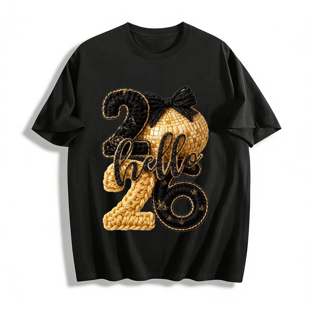 

Hello 2026 Knitted Style Print Sweatshirt Casual New Year Party Top Pure cotton T-shirt XXS