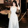 French retro polka dot white v-neck sleeveless neck dress sexy hottie beautiful waist a word long dress