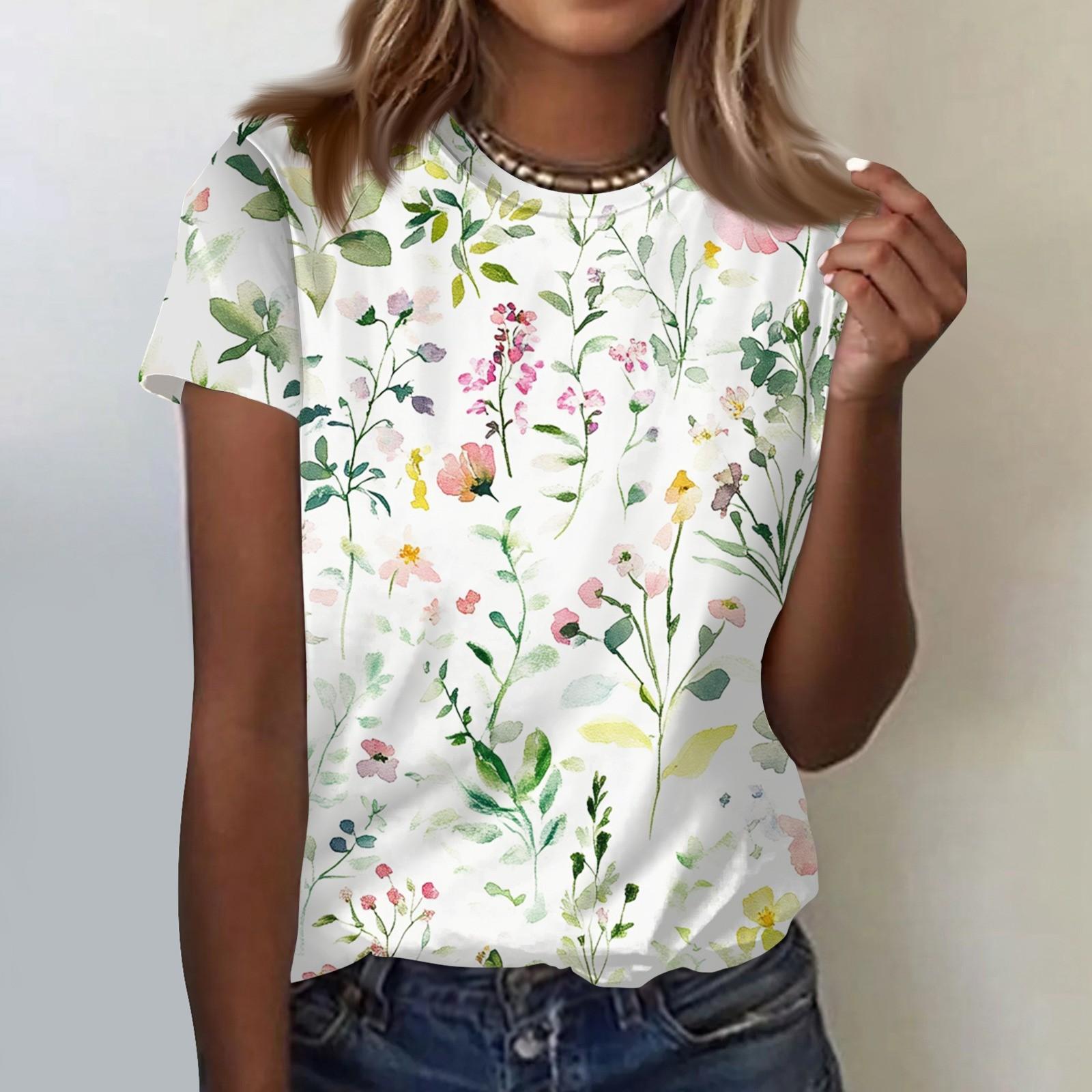 

Женская повседневная свободная футболка с принтом, круглый вырез, пуловер, короткий рукав, топ XL белый