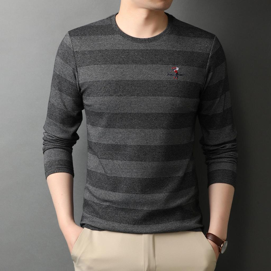 Spring New Embroidered Men's Long-sleeved T-shirt Round Neck Striped Korean Style Fashionable Men's Bottoming Shirt Trendy Tops