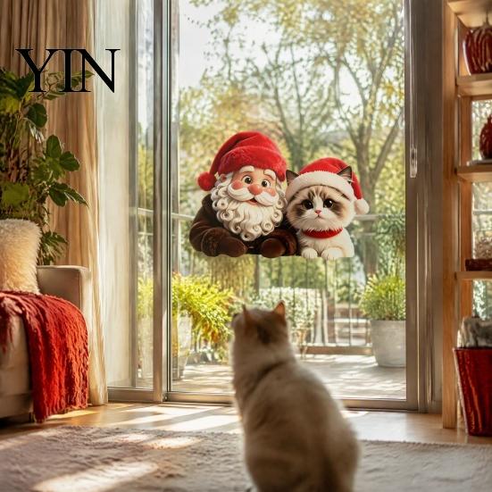 Holiday Glass Decals Christmas Santa Claus & Cat Static Window Clings, PVC Waterproof Stickers, Decorative Stickers for Home Doors Store Windows