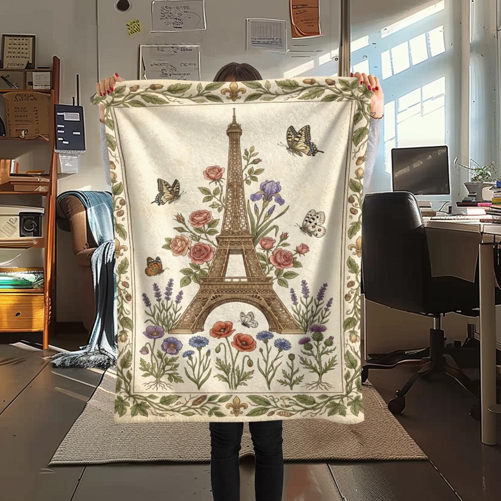 Paris Eiffel Tower Print Flannel Blanket, High Quality Comfortable for All Seasons, Home Decor, Warmth and Comfort, Perfect for Christmas Gifts95