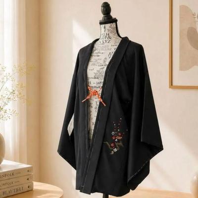 Used Vintage Pure Silk Black Haori Kimono Coat For Clothes Japanese Modern Antique Kimono Retro Everyday Use Stylish Layering Outerwear Overseas